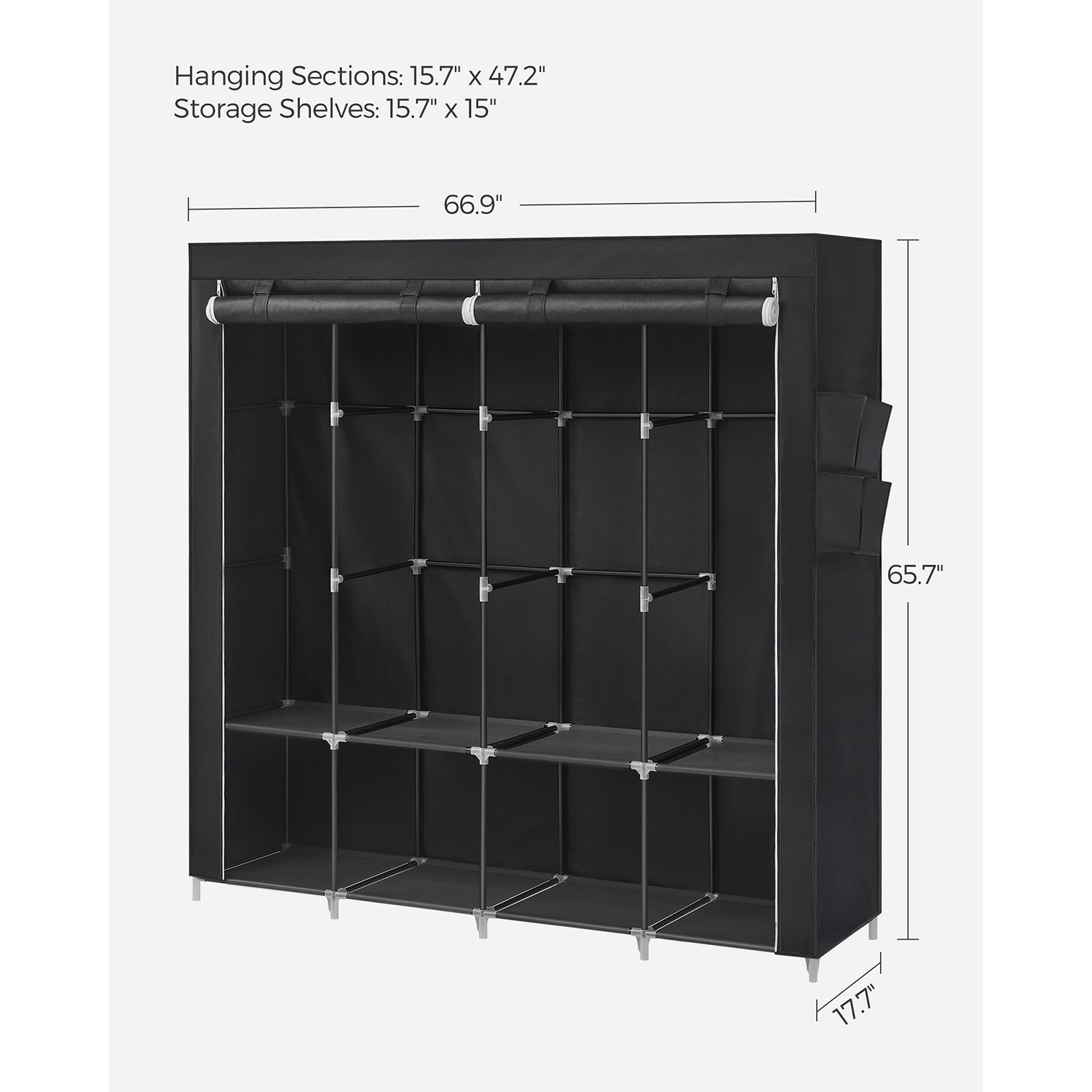 Portable wardrobe closet – hanging space and shelves – steel frame – 4 side pockets
