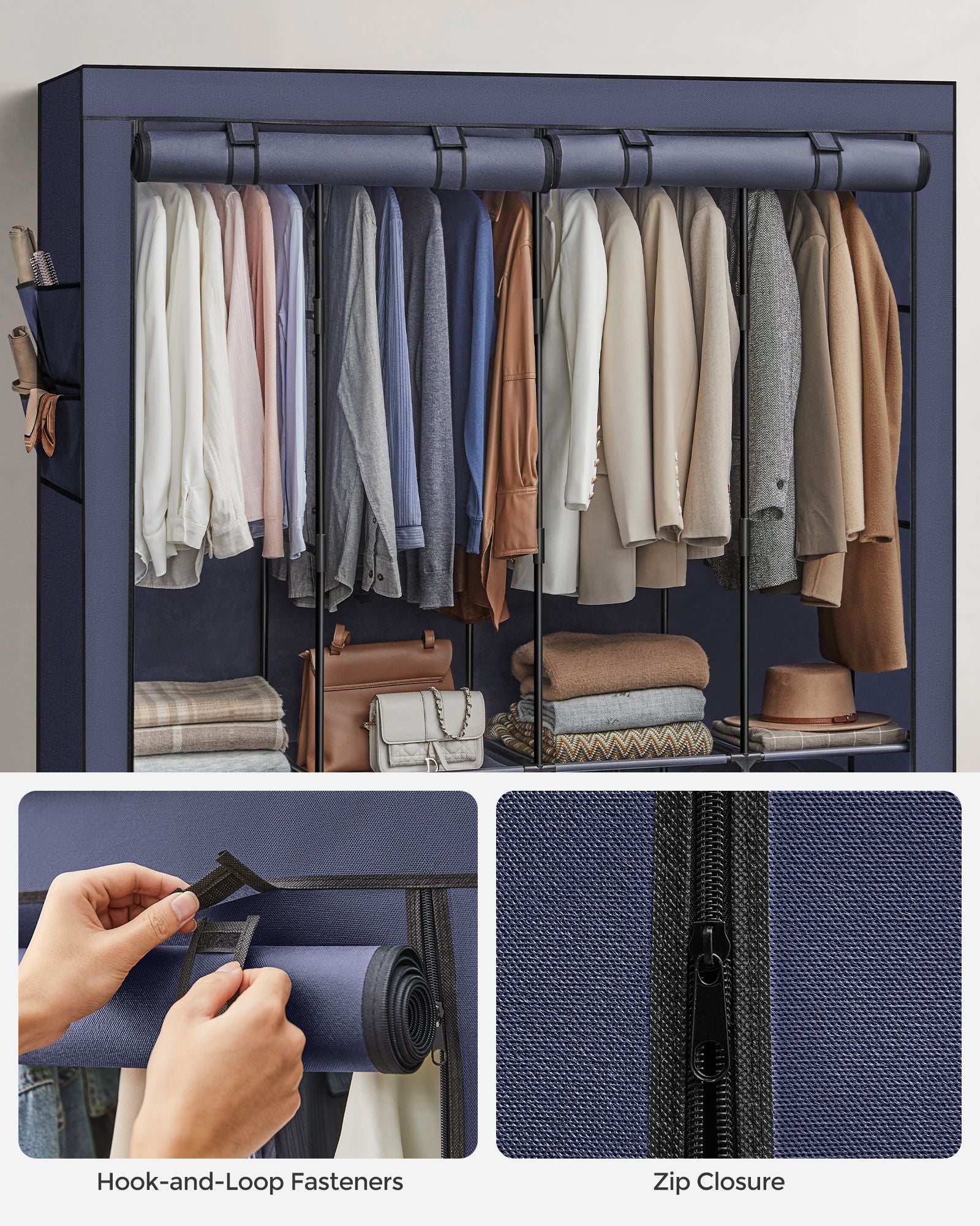 Portable wardrobe closet – hanging space and shelves – steel frame – 4 side pockets