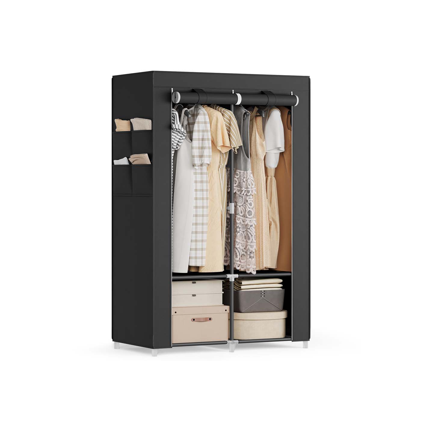 Portable wardrobe closet – hanging space and shelves – steel frame – 4 side pockets
