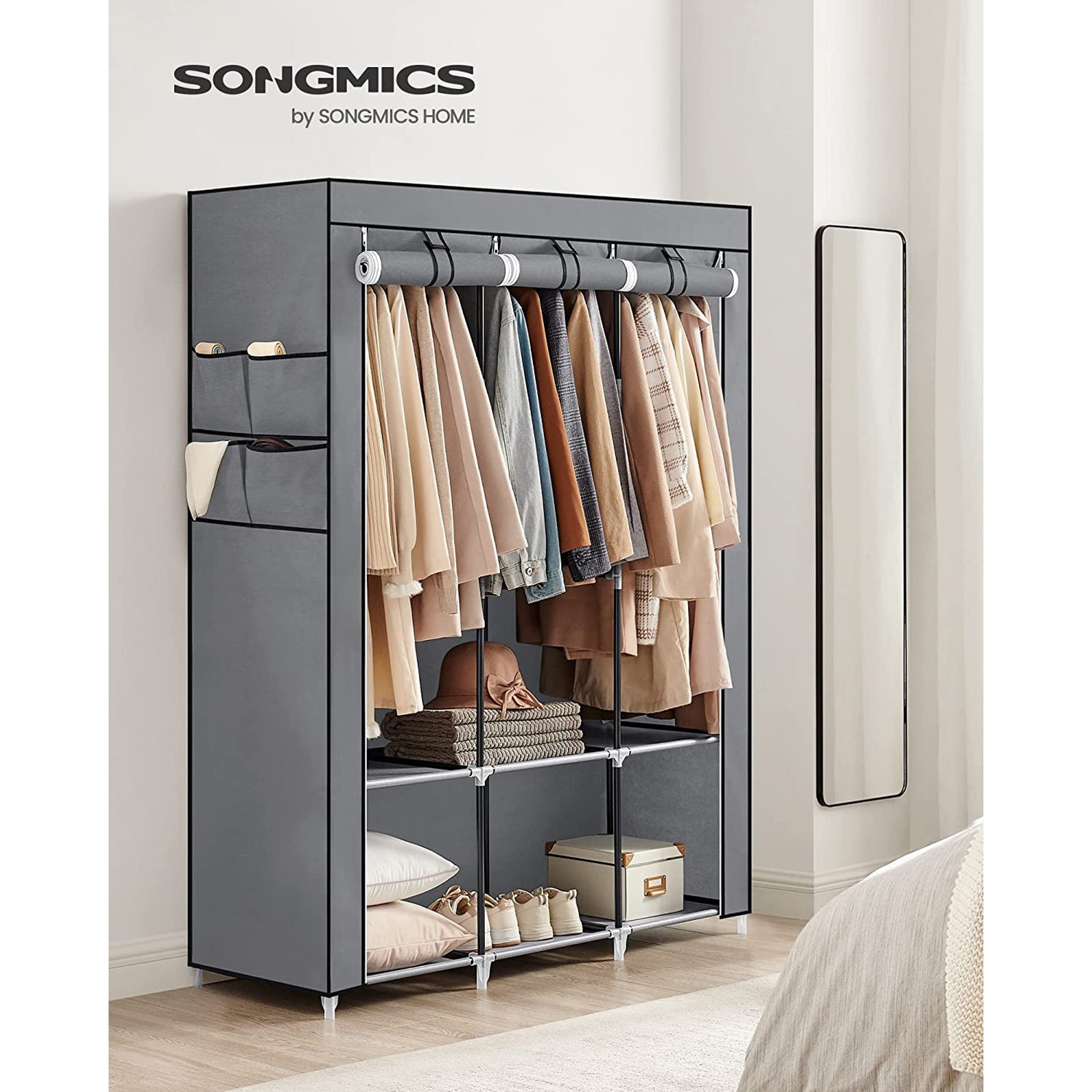 Portable wardrobe closet – hanging space and shelves – steel frame – 4 side pockets