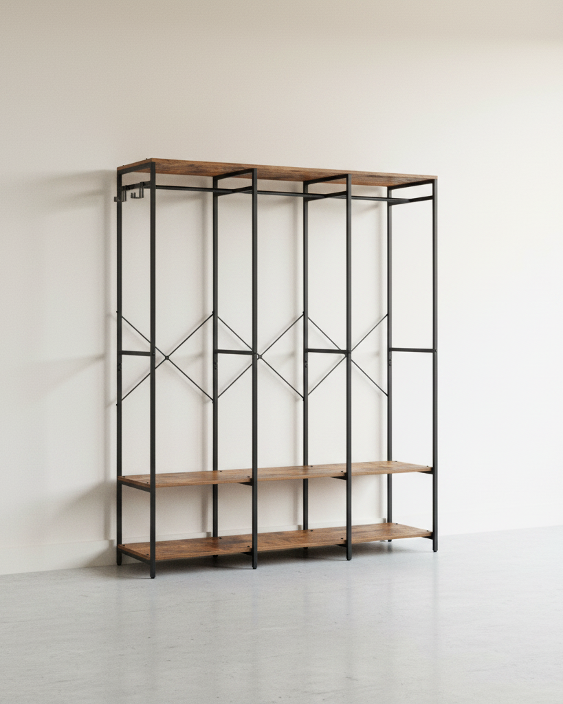 Open kledingkast met metalen frame en houten legplanken - De Vries Meubels