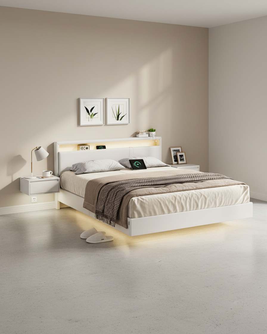 Modern bedframe met zweef - effect en LED - verlichting - Ingebouwde USB - aansluiting - De Vries Meubels