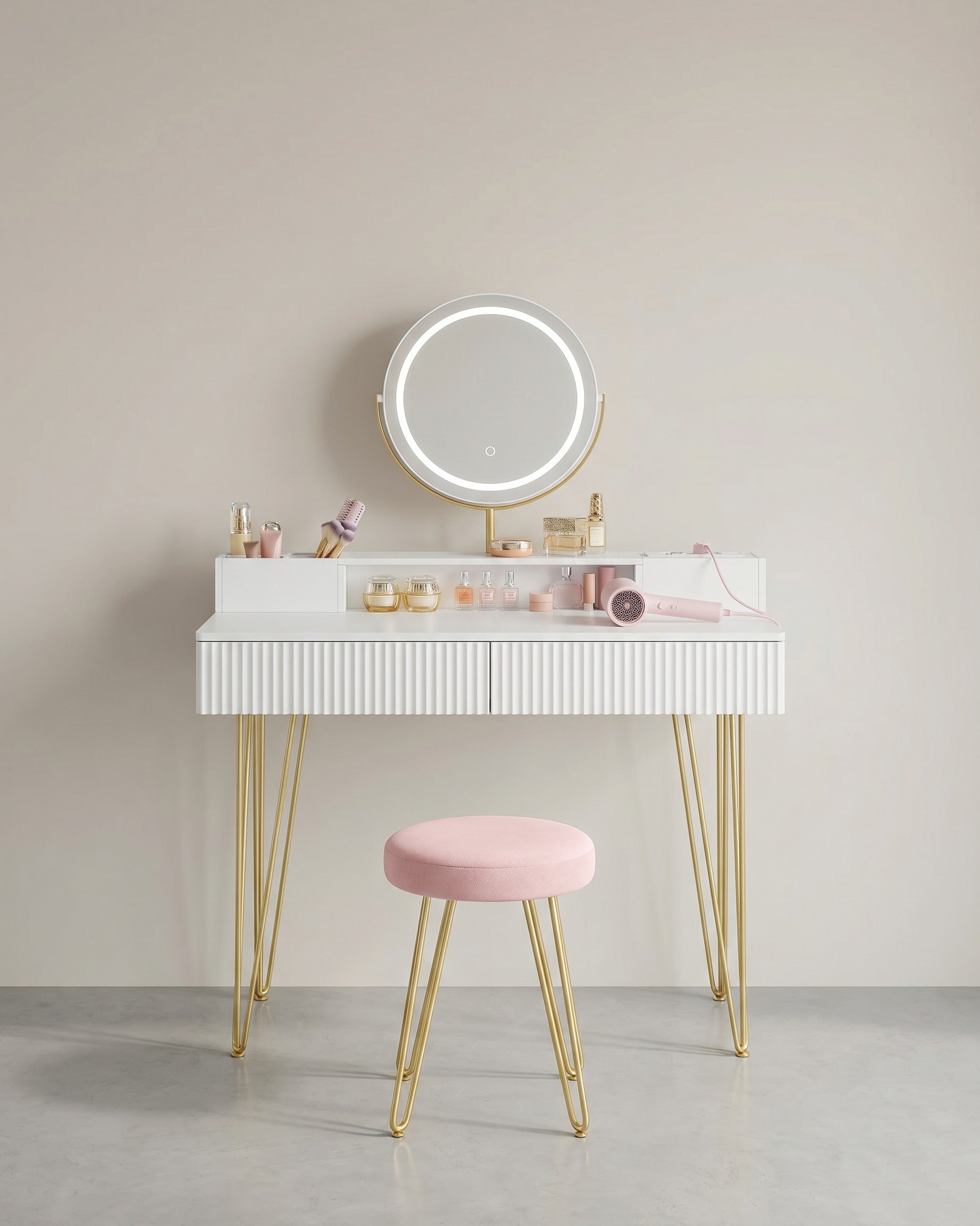 Kaptafel met Kruk - LED Verlichte Spiegel - Luxe Make - up Tafel - De Vries Meubels