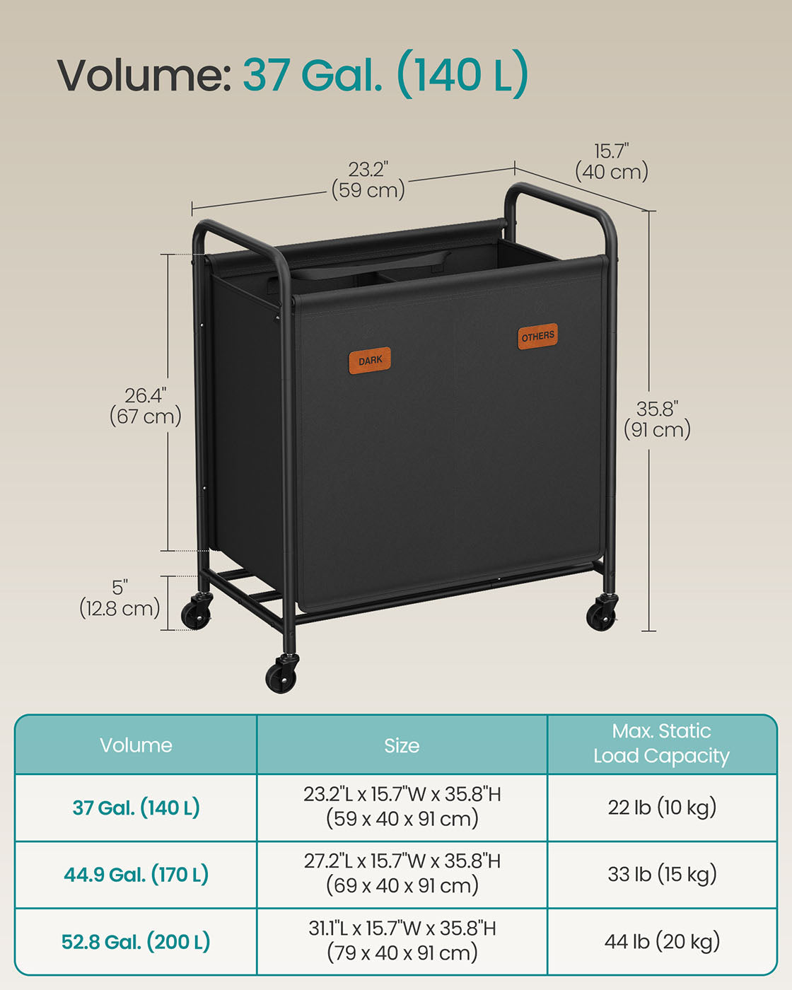 Rolling Laundry Sorter, 2/3/4 Compartments, 52.8 Gal., Removable Liner, Wheels