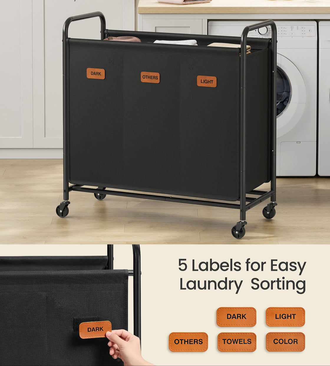 Rolling Laundry Sorter, 2/3/4 Compartments, 52.8 Gal., Removable Liner, Wheels