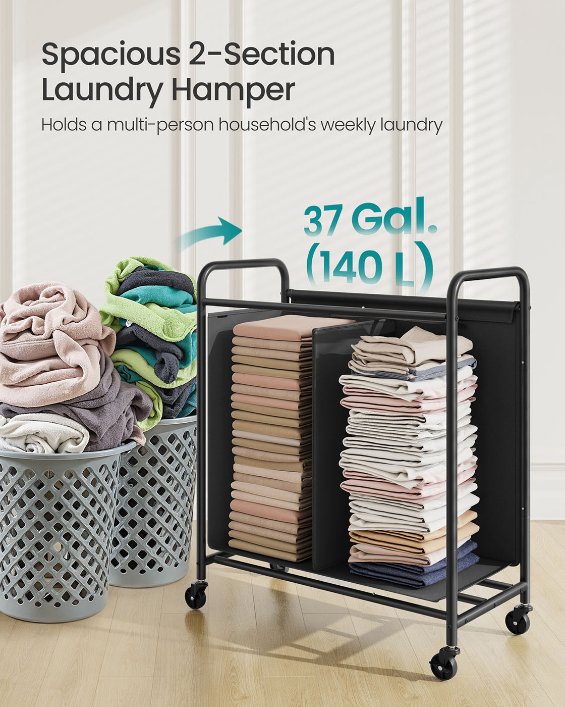 Rolling Laundry Sorter, 2/3/4 Compartments, 52.8 Gal., Removable Liner, Wheels