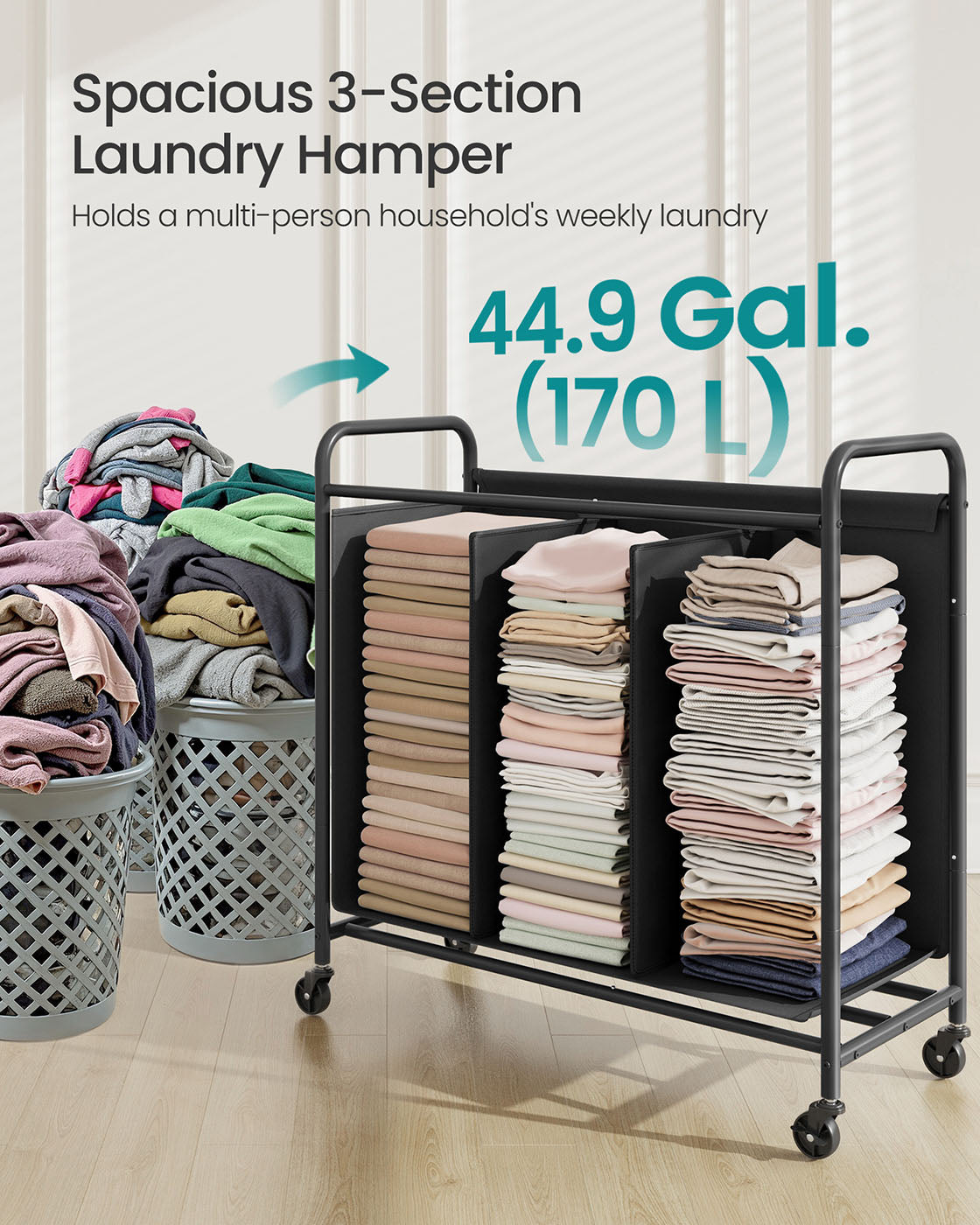 Rolling Laundry Sorter, 2/3/4 Compartments, 52.8 Gal., Removable Liner, Wheels