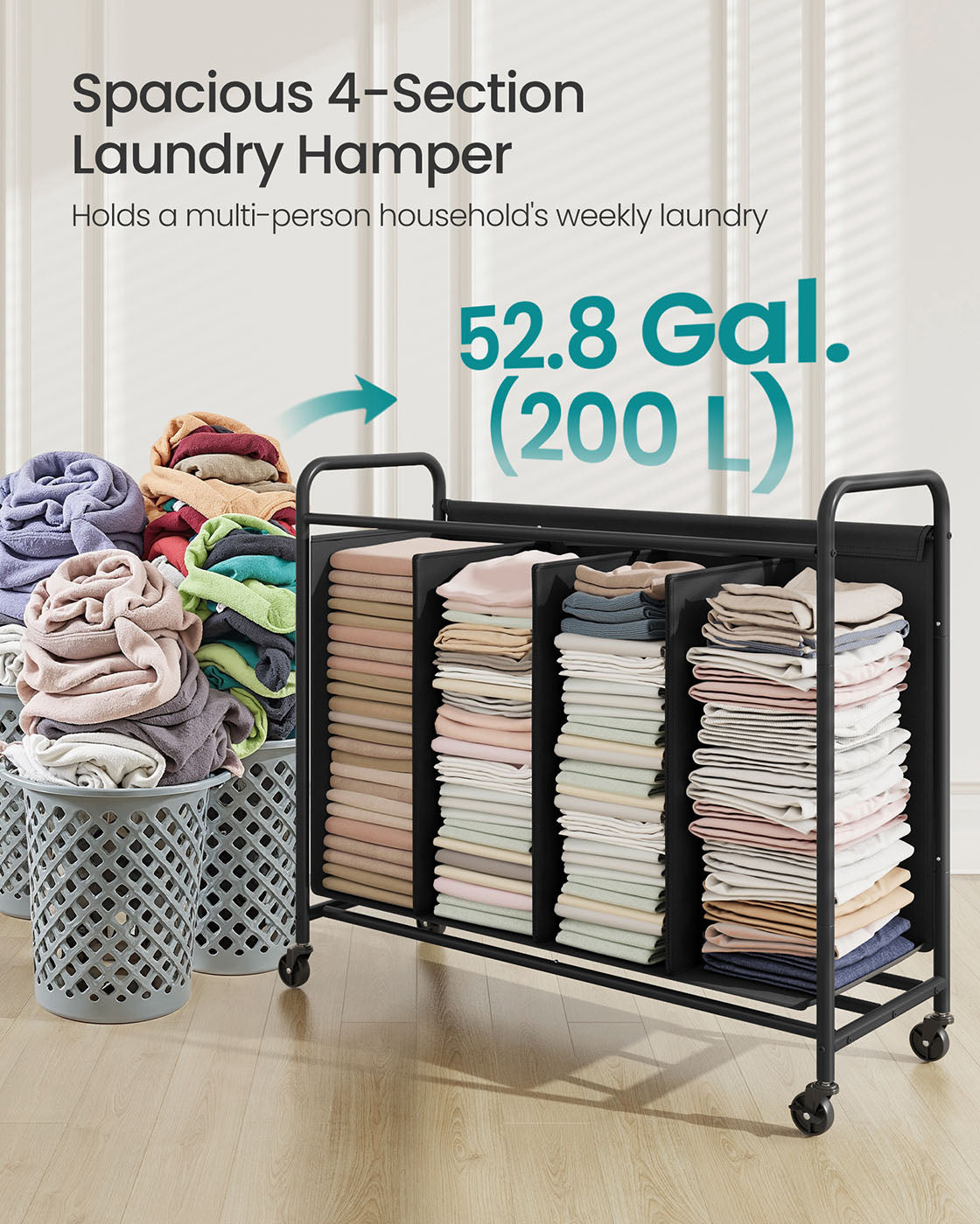 Rolling Laundry Sorter, 2/3/4 Compartments, 52.8 Gal., Removable Liner, Wheels