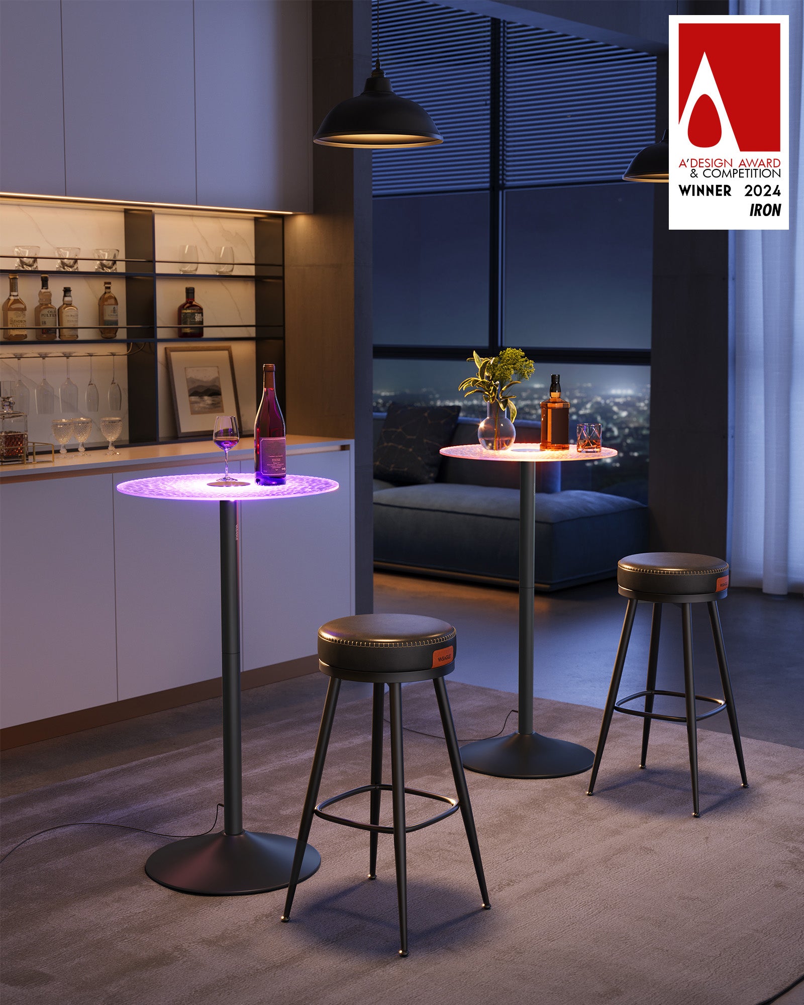 Round Bar Table, RGB LED, Ripple Glass Top, Remote Control, 41.3" Tall