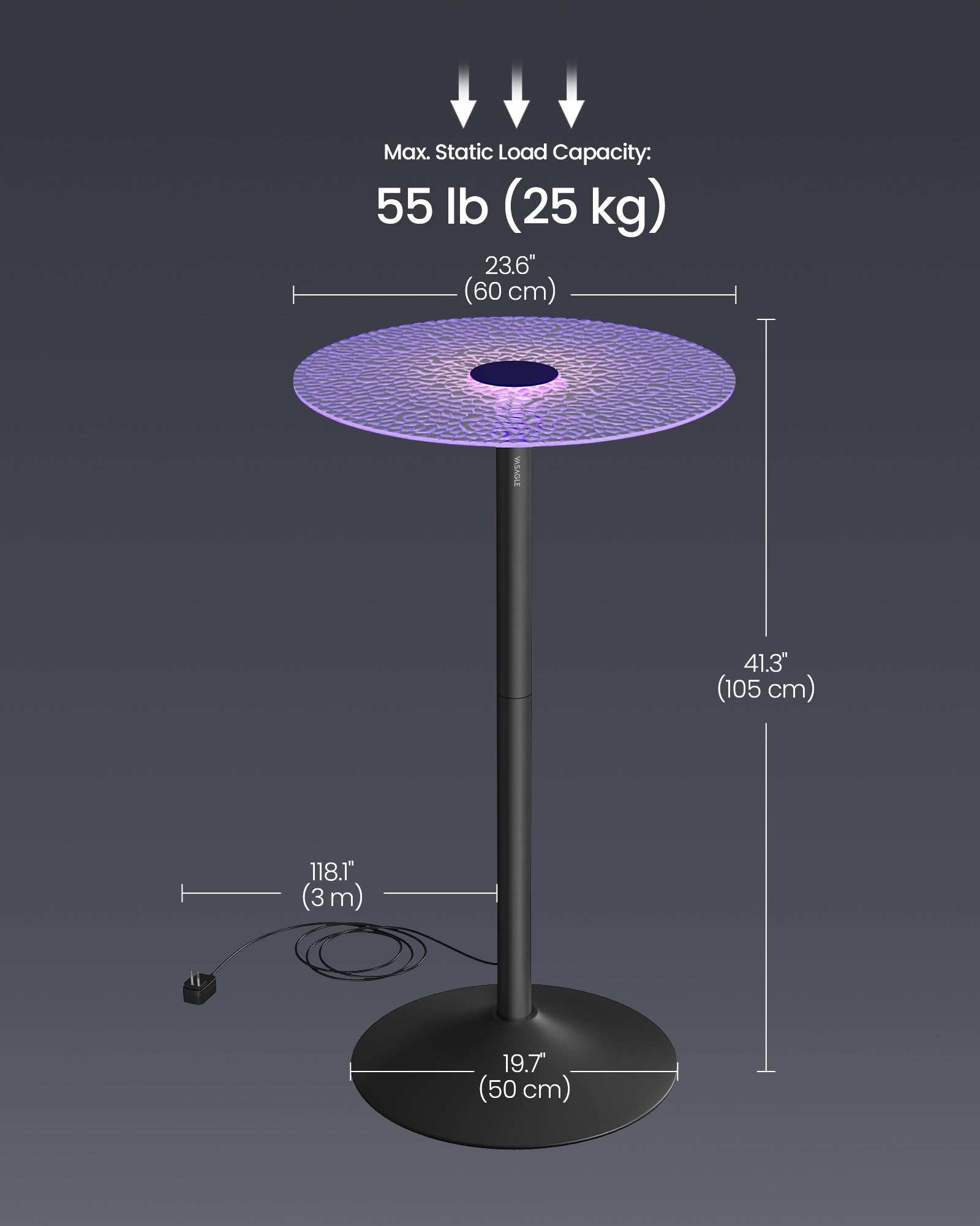 Round Bar Table, RGB LED, Ripple Glass Top, Remote Control, 41.3" Tall