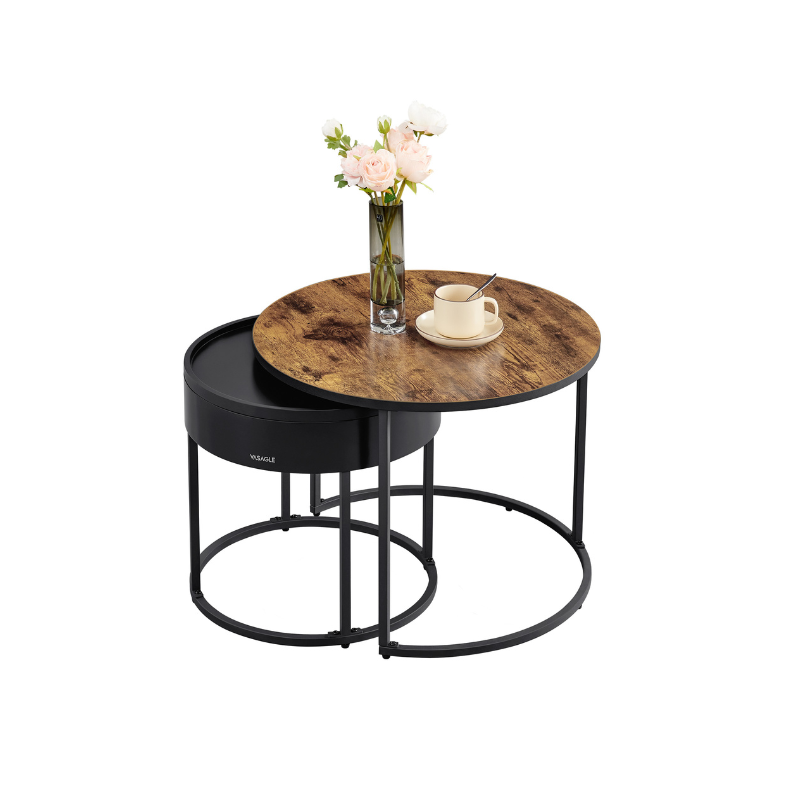 Round Nesting Coffee Tables, Set of 2, Hidden Storage, MDF & Steel, 23.6"/17.3" Diameter