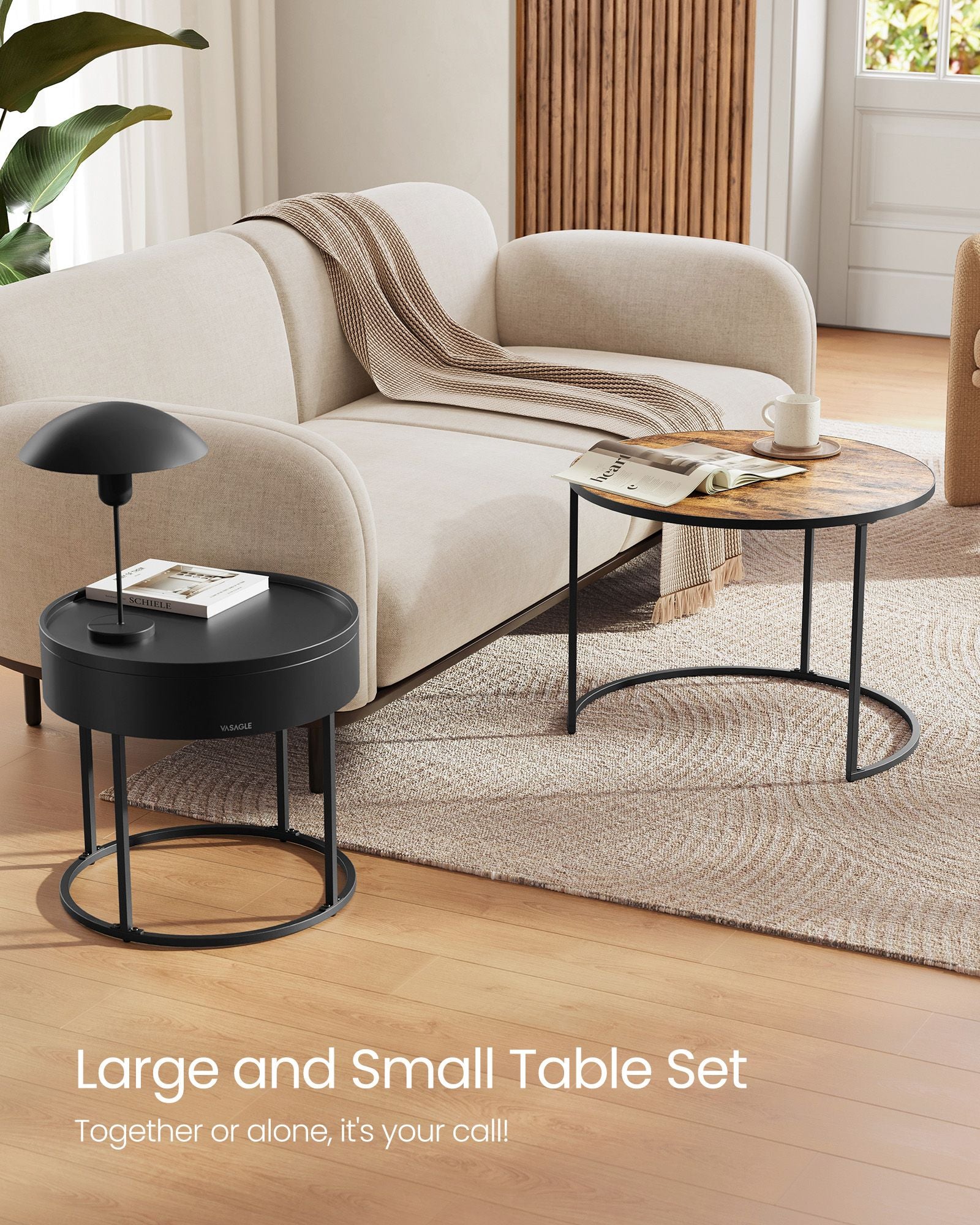 Round Nesting Coffee Tables, Set of 2, Hidden Storage, MDF & Steel, 23.6"/17.3" Diameter