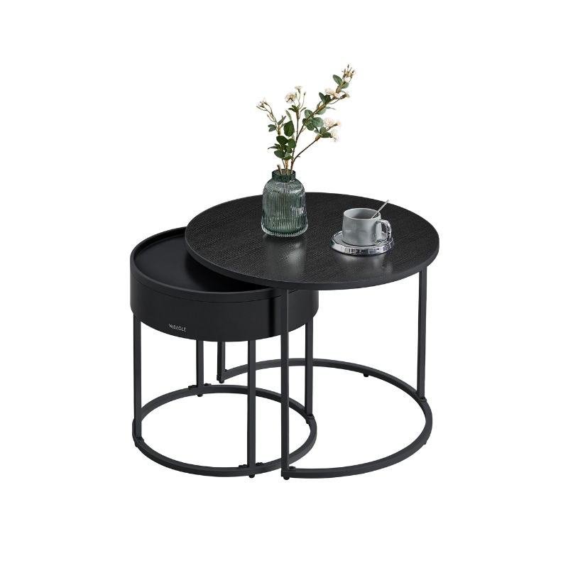 Round Nesting Coffee Tables, Set of 2, Hidden Storage, MDF & Steel, 23.6"/17.3" Diameter