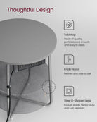 Round Side Table with Charging Station - USB & AC Ports - Fabric Storage Basket - Small Space Solution