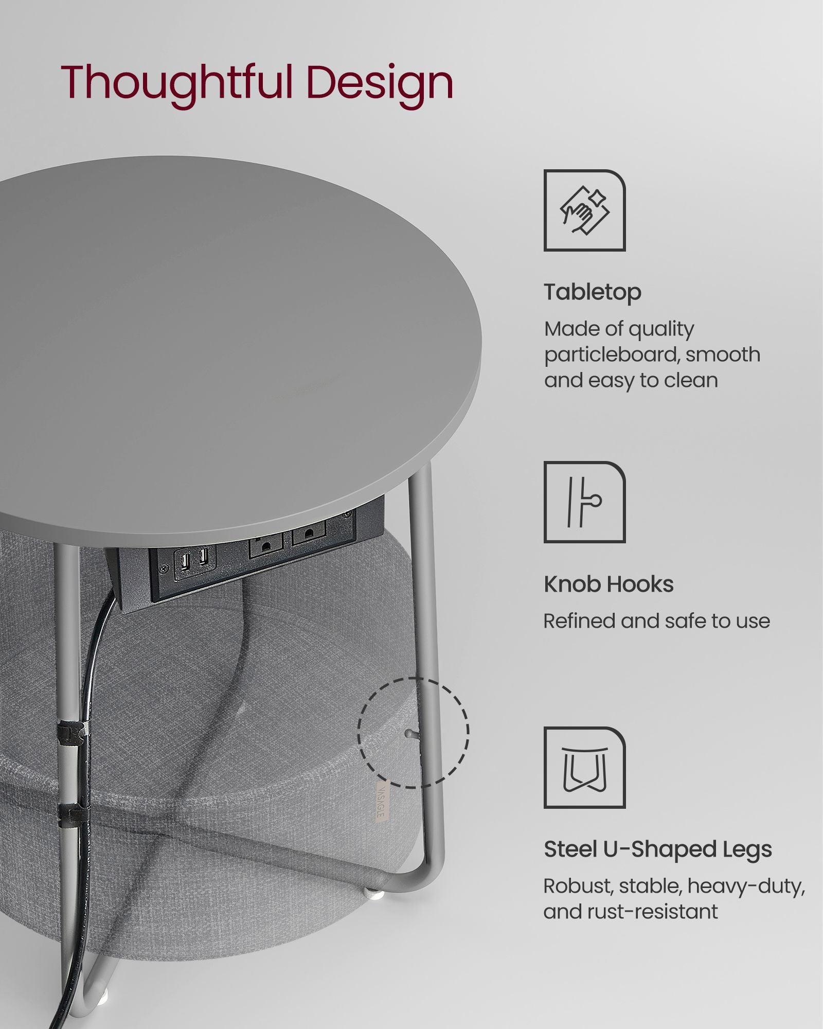 Round Side Table with Charging Station - USB & AC Ports - Fabric Storage Basket - Small Space Solution