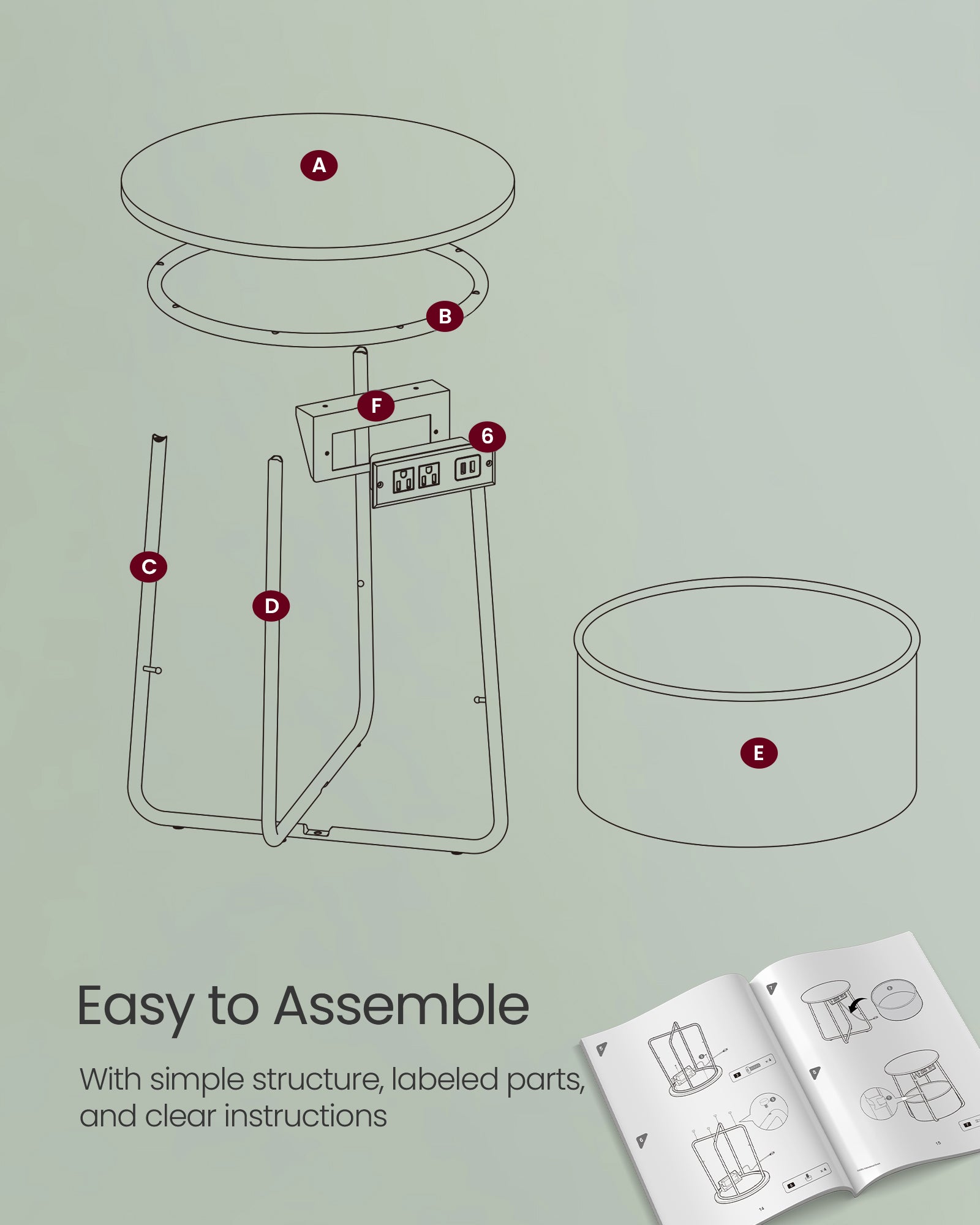 Round Side Table with Charging Station - USB & AC Ports - Fabric Storage Basket - Small Space Solution