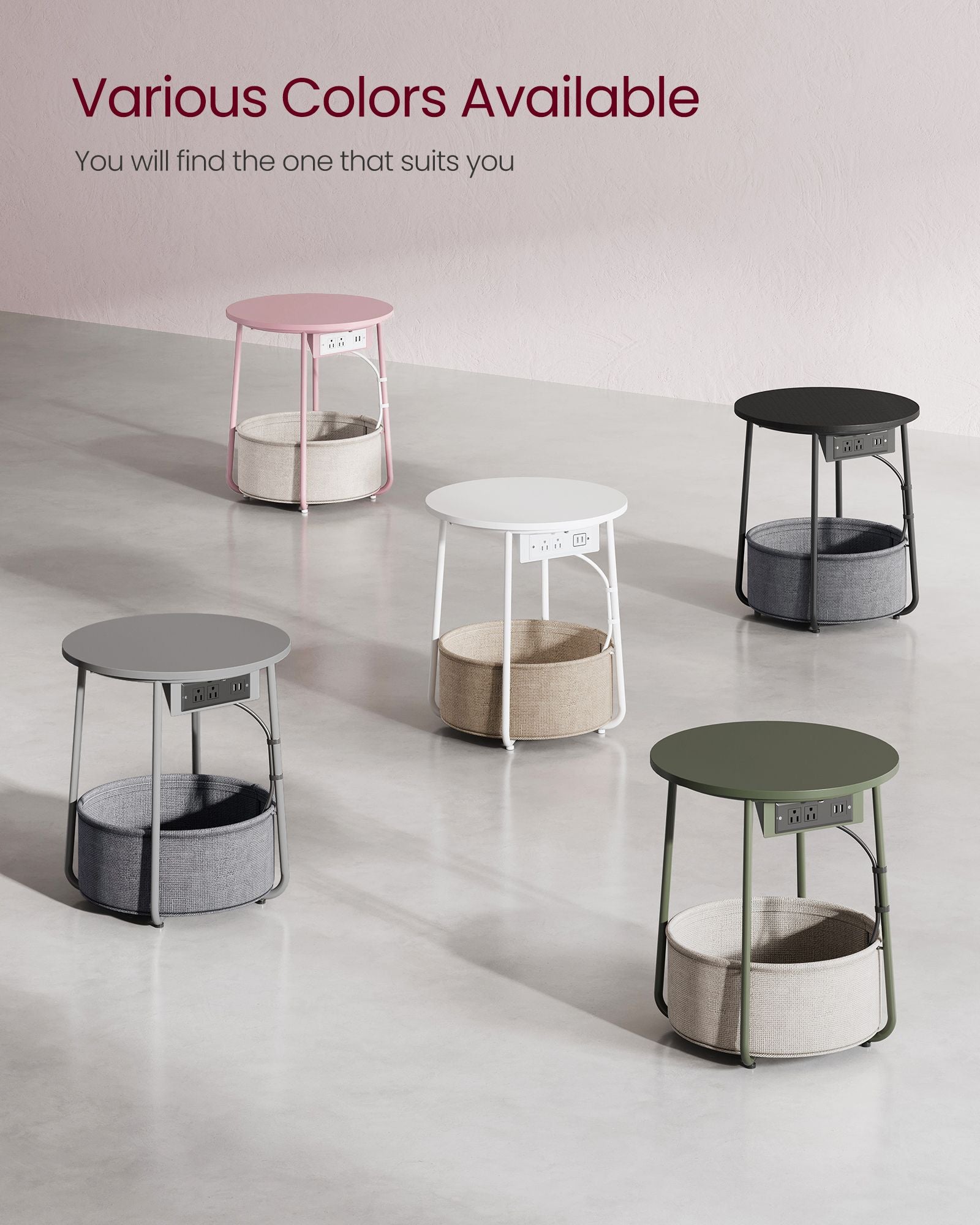 Round Side Table with Charging Station - USB & AC Ports - Fabric Storage Basket - Small Space Solution