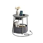 Round Side Table with Charging Station - USB & AC Ports - Fabric Storage Basket - Small Space Solution