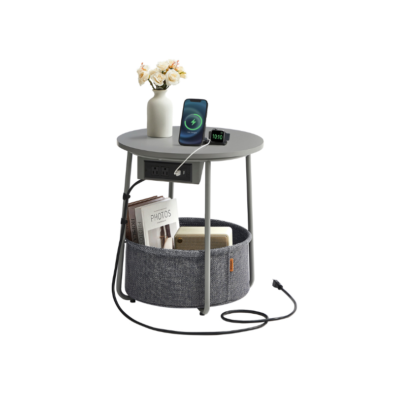 Round Side Table with Charging Station - USB & AC Ports - Fabric Storage Basket - Small Space Solution
