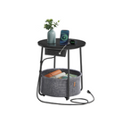 Round Side Table with Charging Station - USB & AC Ports - Fabric Storage Basket - Small Space Solution
