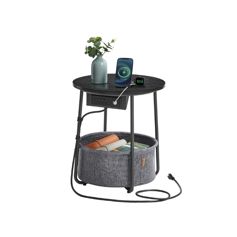 Round Side Table with Charging Station - USB & AC Ports - Fabric Storage Basket - Small Space Solution