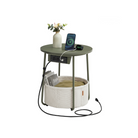 Round Side Table with Charging Station - USB & AC Ports - Fabric Storage Basket - Small Space Solution