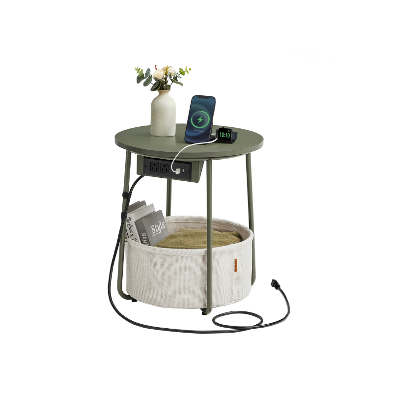 Round Side Table with Charging Station - USB & AC Ports - Fabric Storage Basket - Small Space Solution