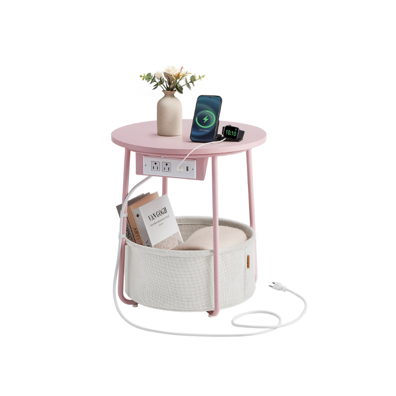 Round Side Table with Charging Station - USB & AC Ports - Fabric Storage Basket - Small Space Solution
