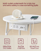 Round Side Table with Charging Station - USB & AC Ports - Fabric Storage Basket - Small Space Solution
