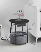Round Side Table with Charging Station - USB & AC Ports - Fabric Storage Basket - Small Space Solution