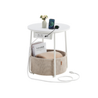 Round Side Table with Charging Station - USB & AC Ports - Fabric Storage Basket - Small Space Solution