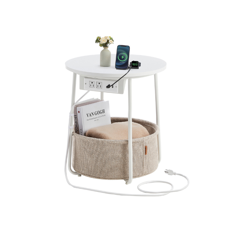 Round Side Table with Charging Station - USB & AC Ports - Fabric Storage Basket - Small Space Solution
