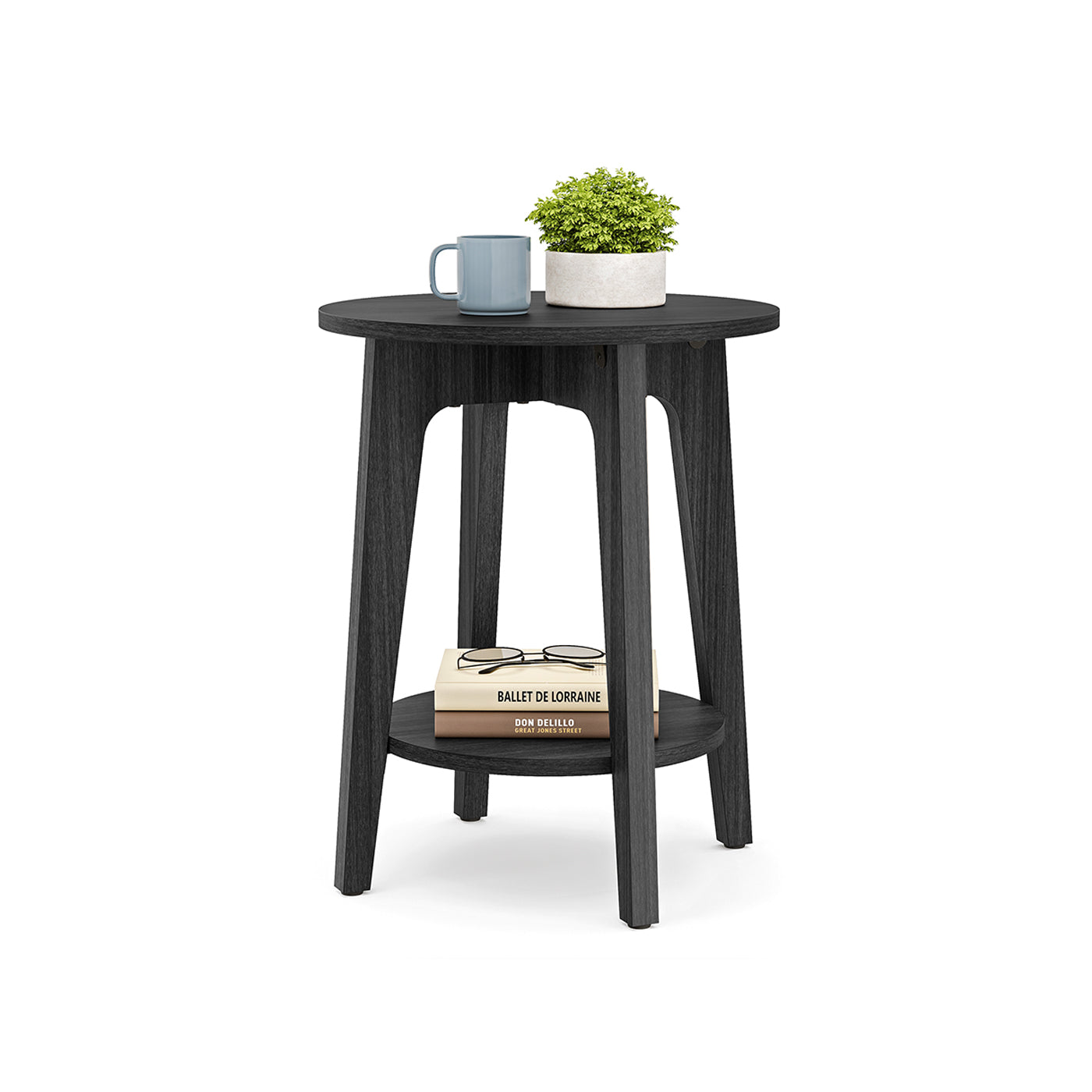 Round side table, 2-tier, smoky gray finish, modern accent