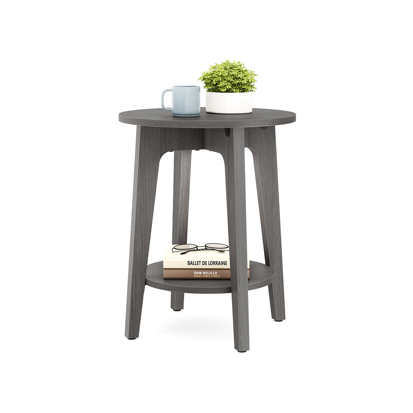 Round side table, 2-tier, smoky gray finish, modern accent