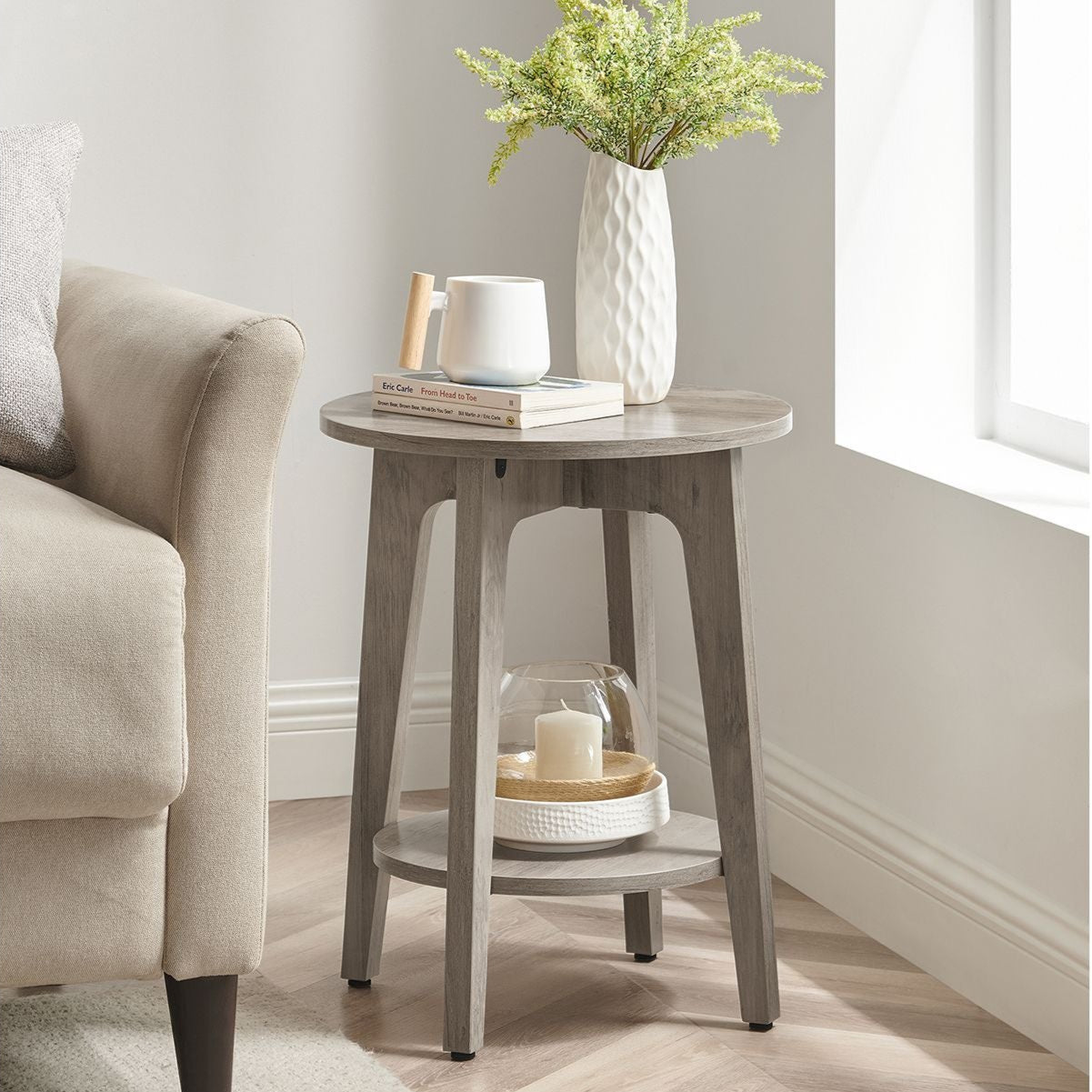 Round side table, 2-tier, smoky gray finish, modern accent