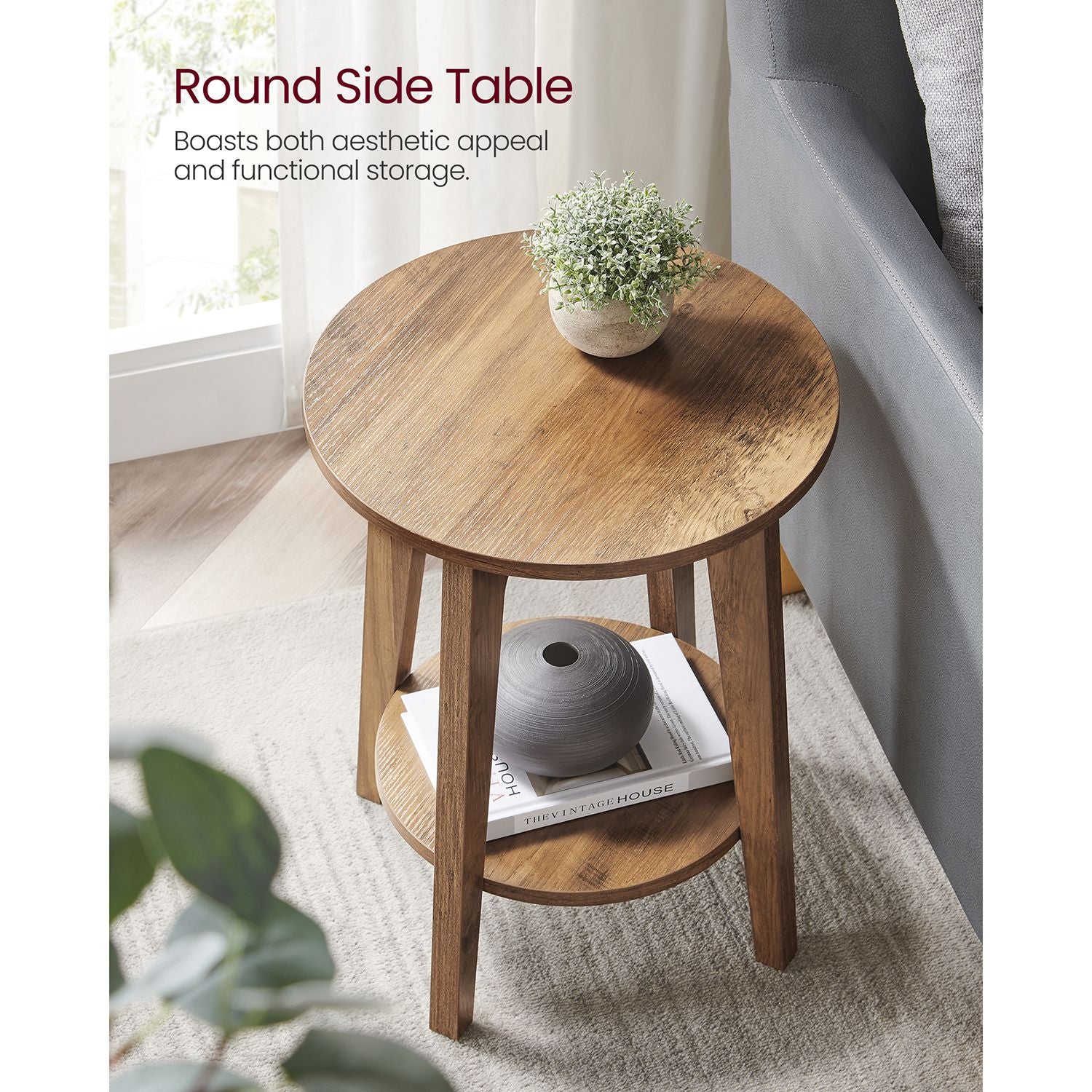 Round side table, 2-tier, smoky gray finish, modern accent