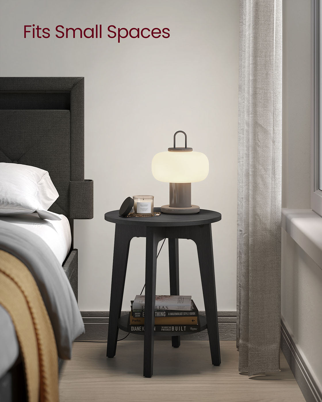 Round side table, 2-tier, smoky gray finish, modern accent
