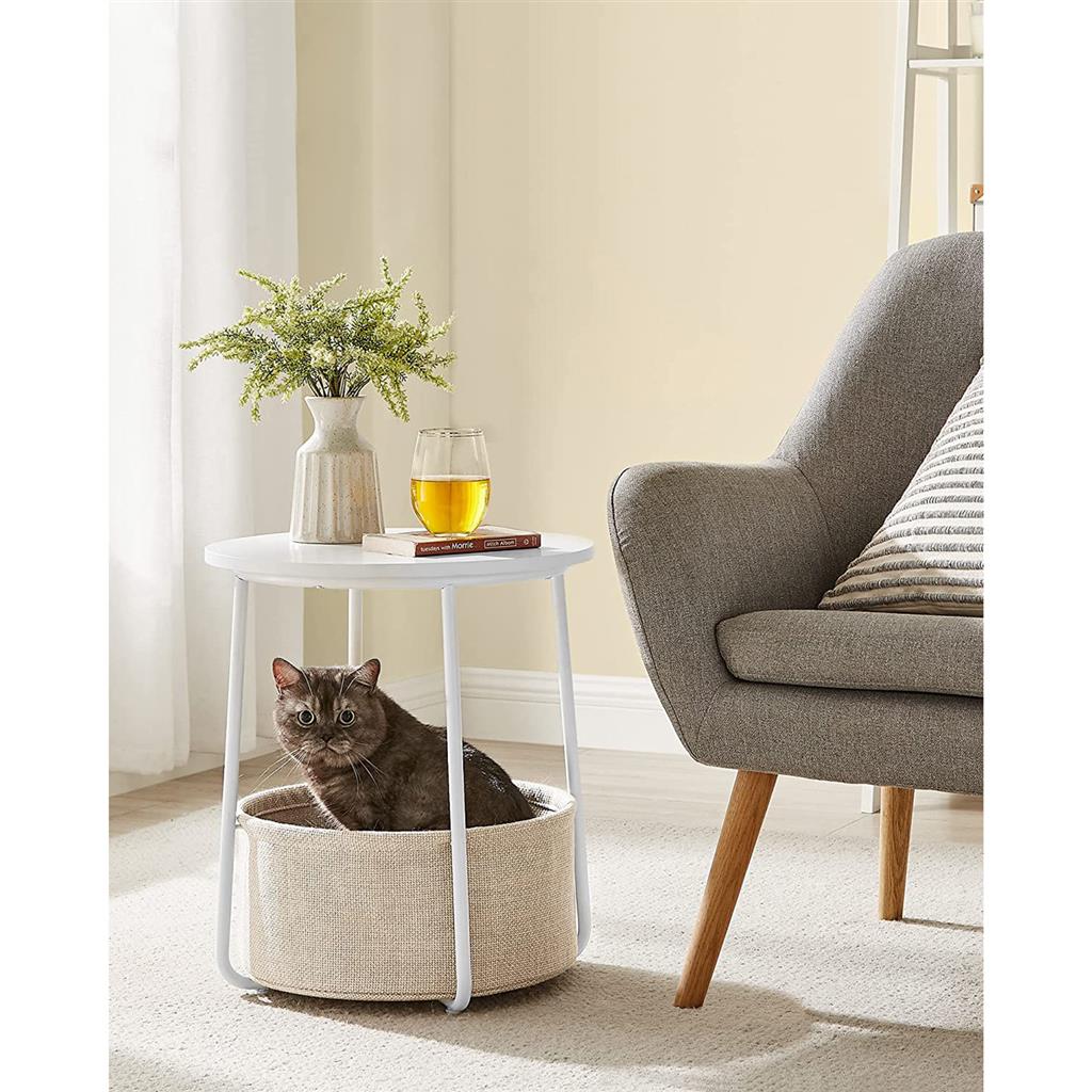 Round side table with fabric basket - 17" wide - sturdy steel frame - quick assembly