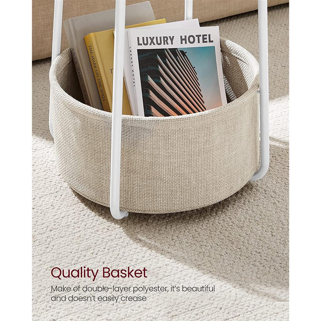 Round side table with fabric basket - 17" wide - sturdy steel frame - quick assembly