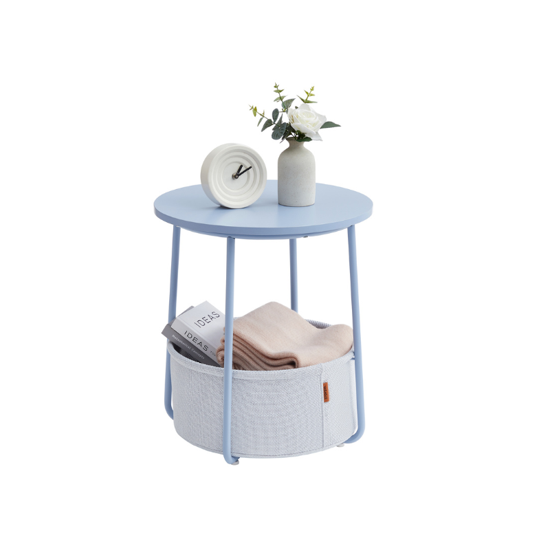 Round side table with fabric basket - 17" wide - sturdy steel frame - quick assembly