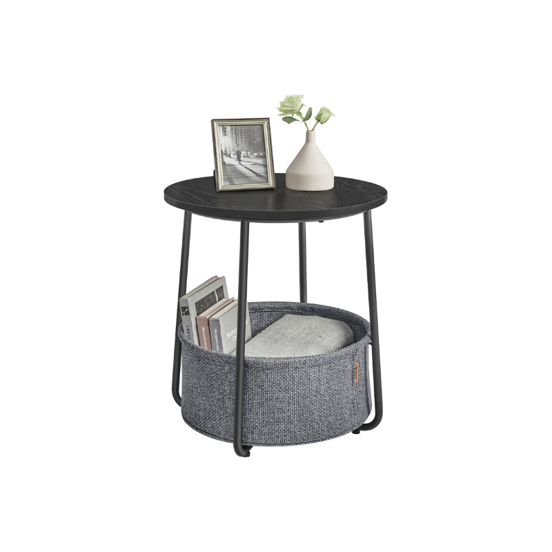 Round side table with fabric basket - 17" wide - sturdy steel frame - quick assembly