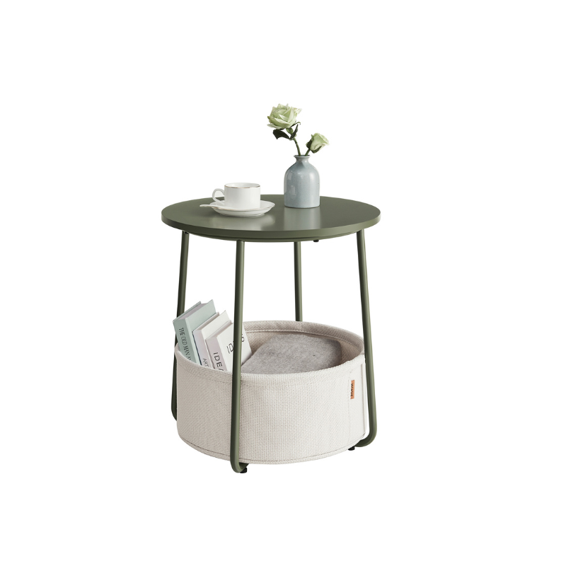 Round side table with fabric basket - 17" wide - sturdy steel frame - quick assembly