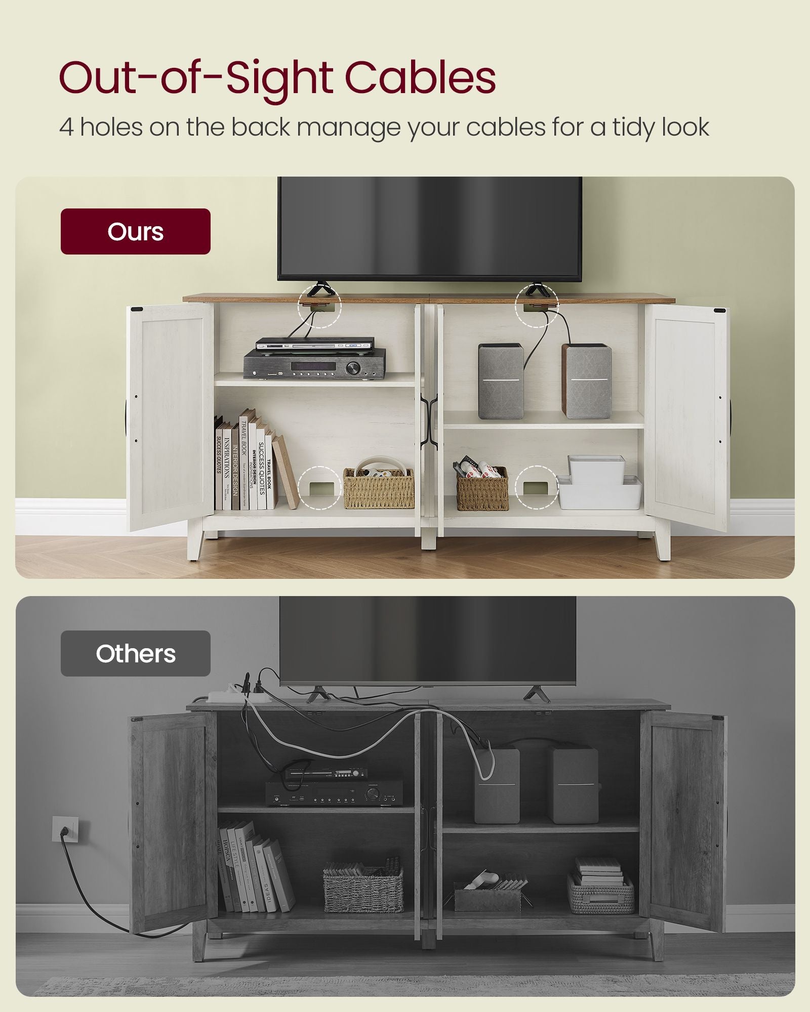 Rustic buffet cabinet, 59" sideboard, adjustable shelves, cable management