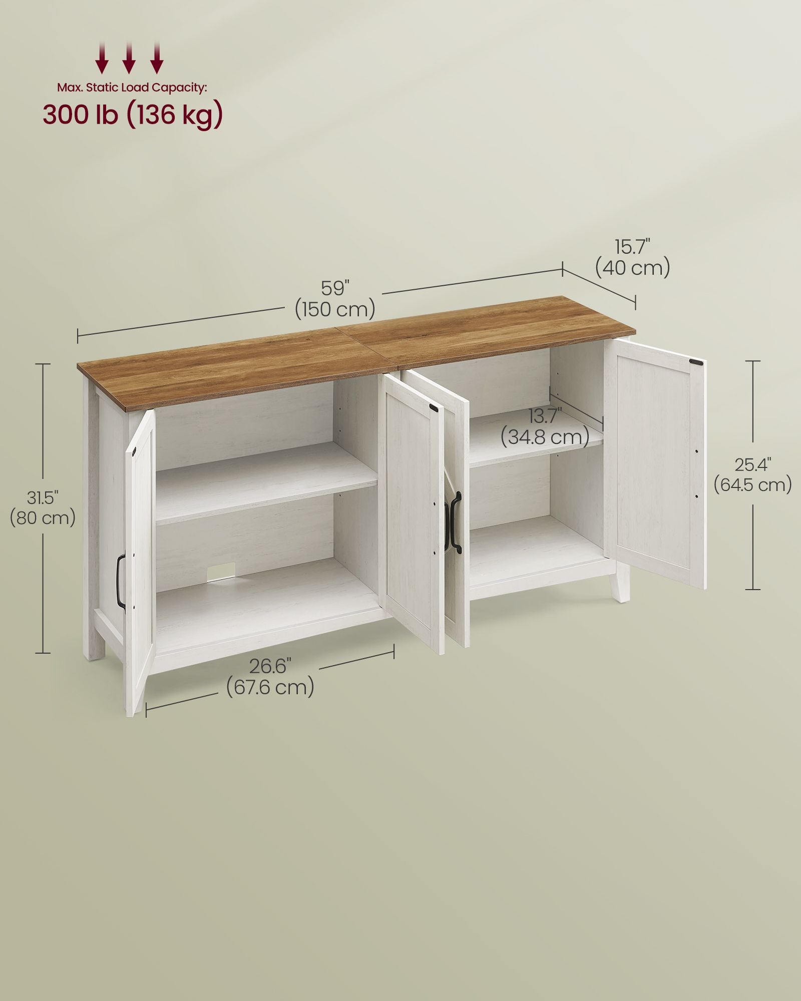 Rustic buffet cabinet, 59" sideboard, adjustable shelves, cable management