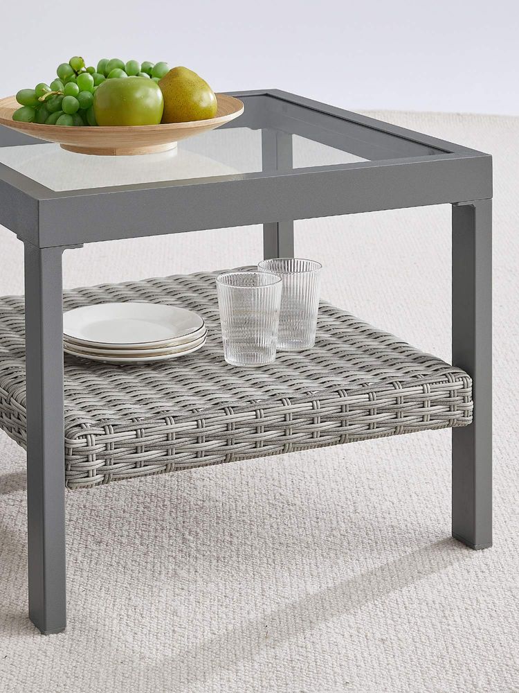Sencillo Glass Side Table, Grey Rattan, Tempered Glass