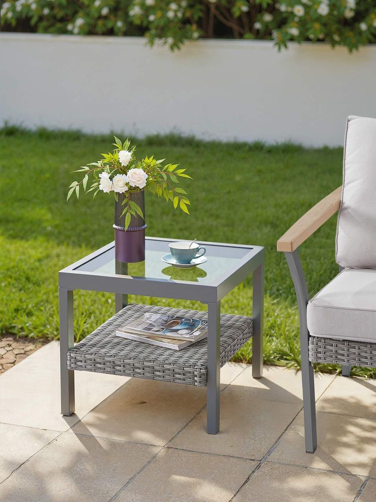 Sencillo Glass Side Table, Grey Rattan, Tempered Glass