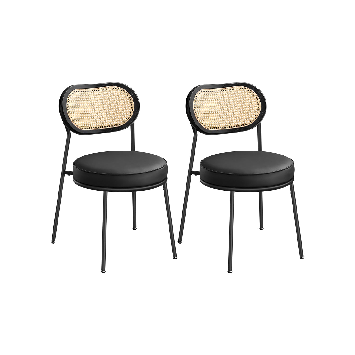 Set of 2 BOHO Dining Chairs, Rattan Back, Faux Leather Cushion, Swivel Feet