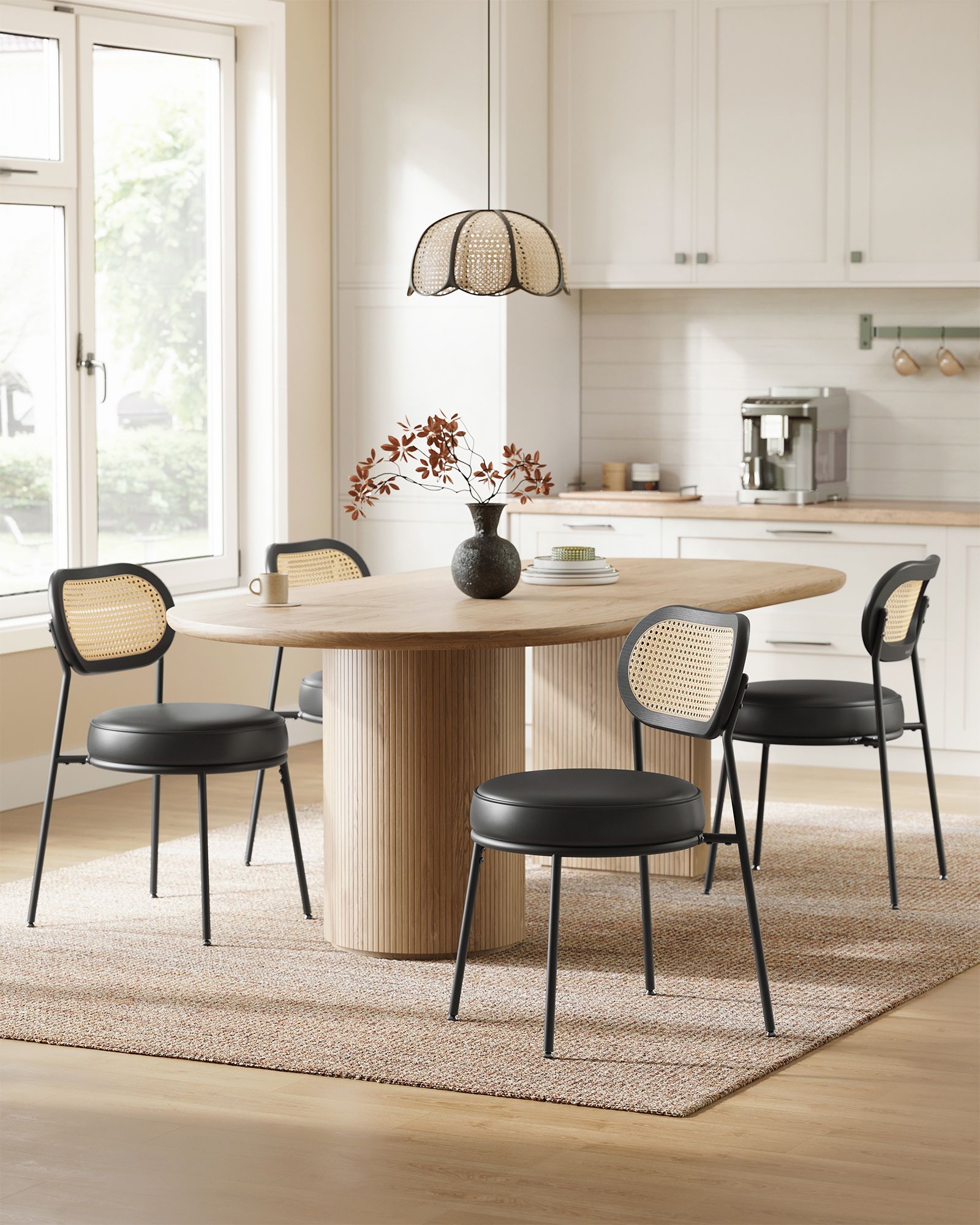 Set of 2 BOHO Dining Chairs, Rattan Back, Faux Leather Cushion, Swivel Feet