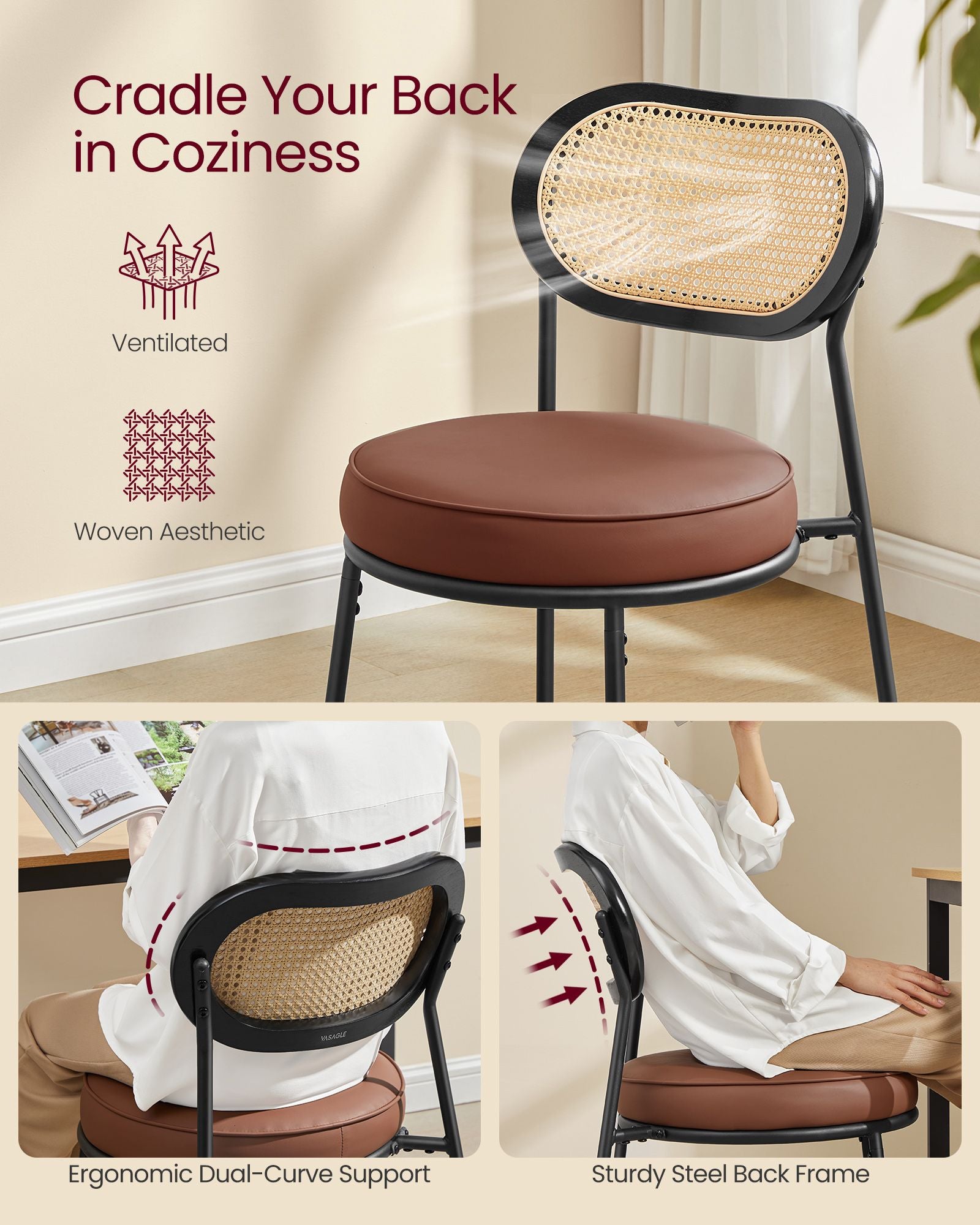 Set of 2 BOHO Dining Chairs, Rattan Back, Faux Leather Cushion, Swivel Feet