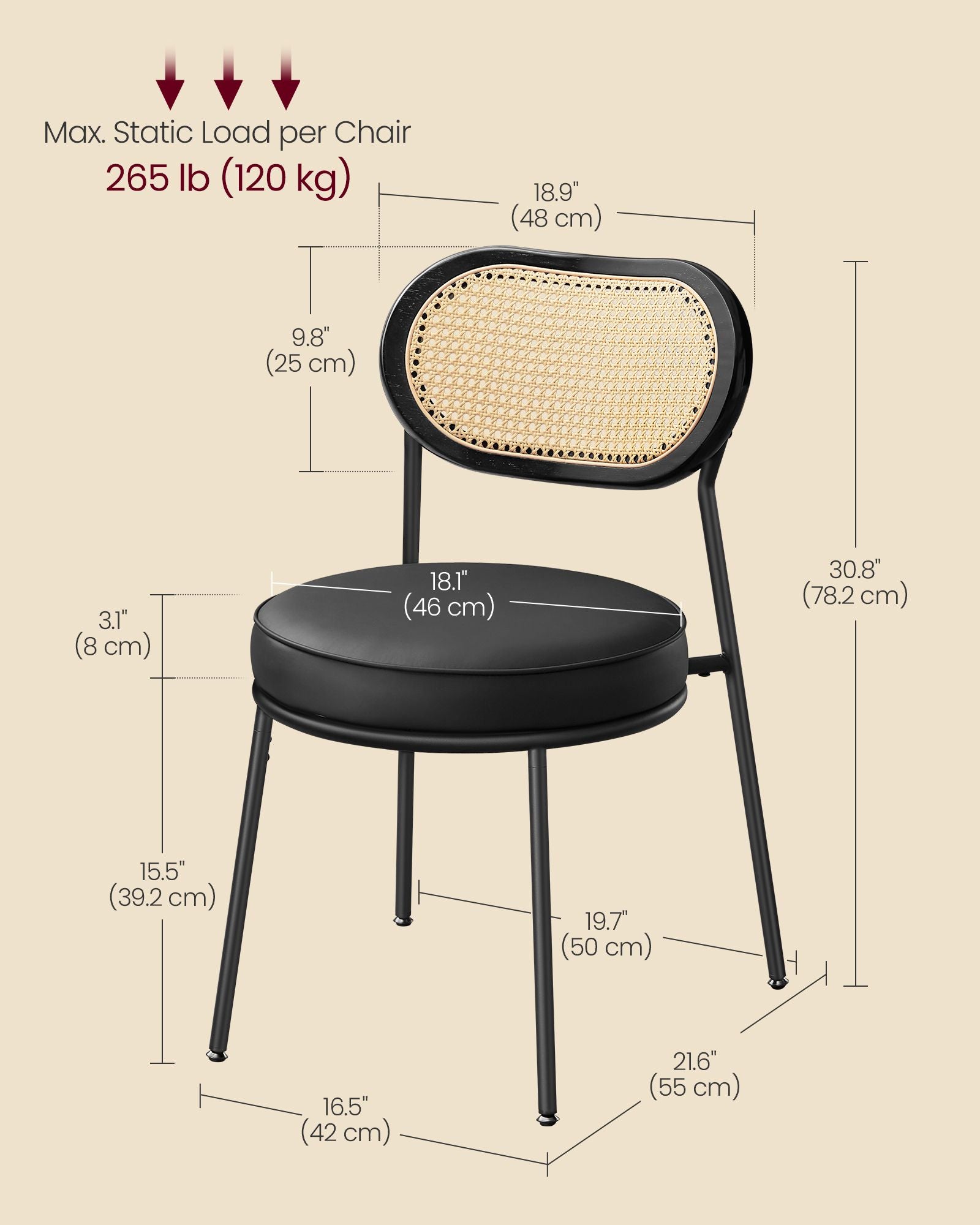 Set of 2 BOHO Dining Chairs, Rattan Back, Faux Leather Cushion, Swivel Feet